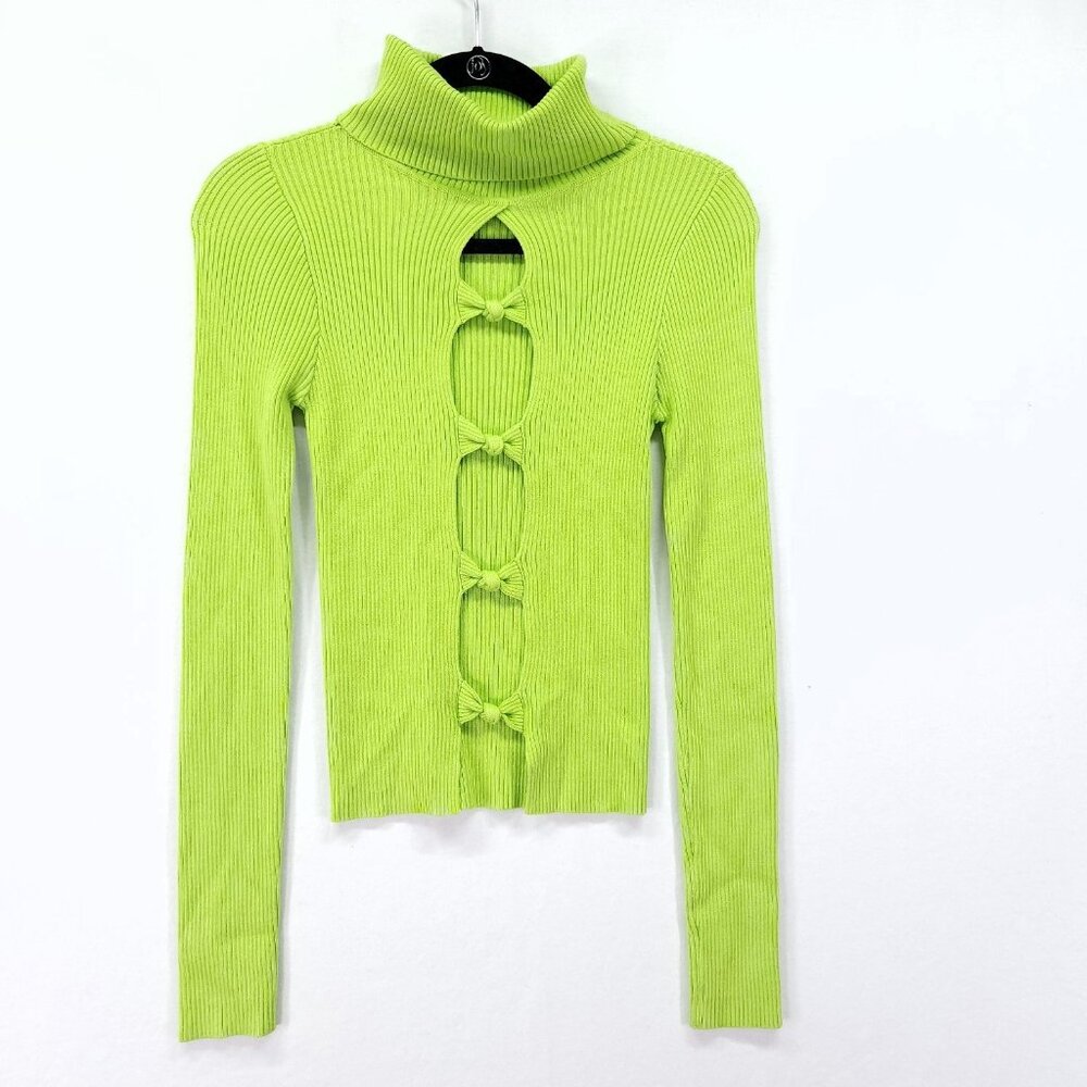 Nichole Lynel Rib Turtle Neck Long Sleeve Cut-out Front Neon Green Size Medium